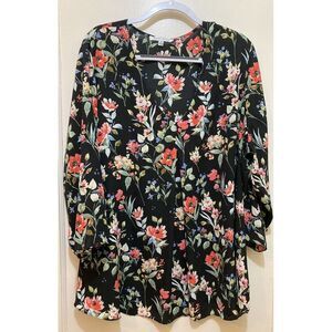 Rose + Olive Tunic Top Womens 3X Black Floral V-Neck Flowy Fairycore Lightweight